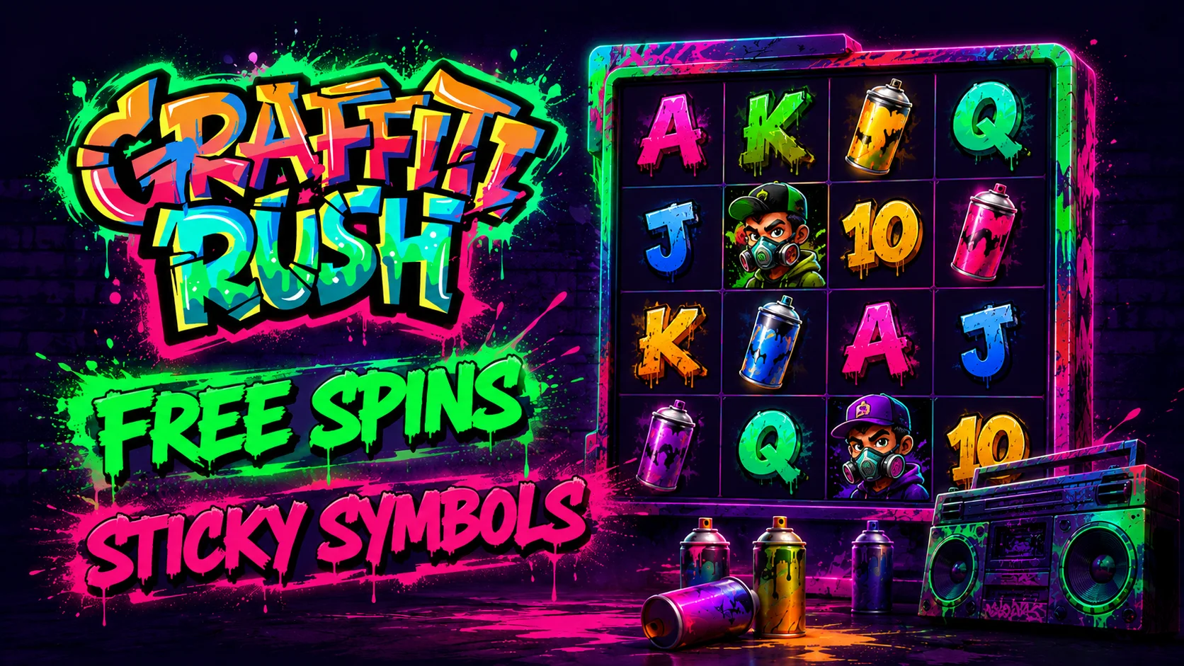 Graffiti Rush welcome offer: 150% up to €1,500 and 300 free spins, painted on an alley wall