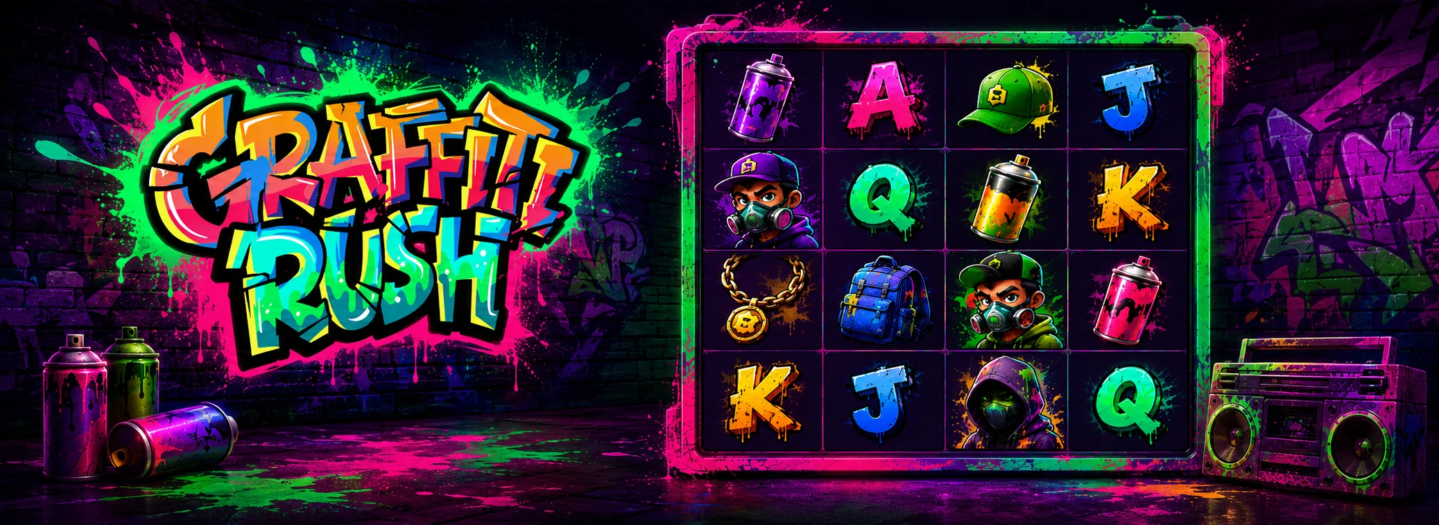 Graffiti Rush 4x4 reel grid mid-spin with sticky spray-can symbols locked in place
